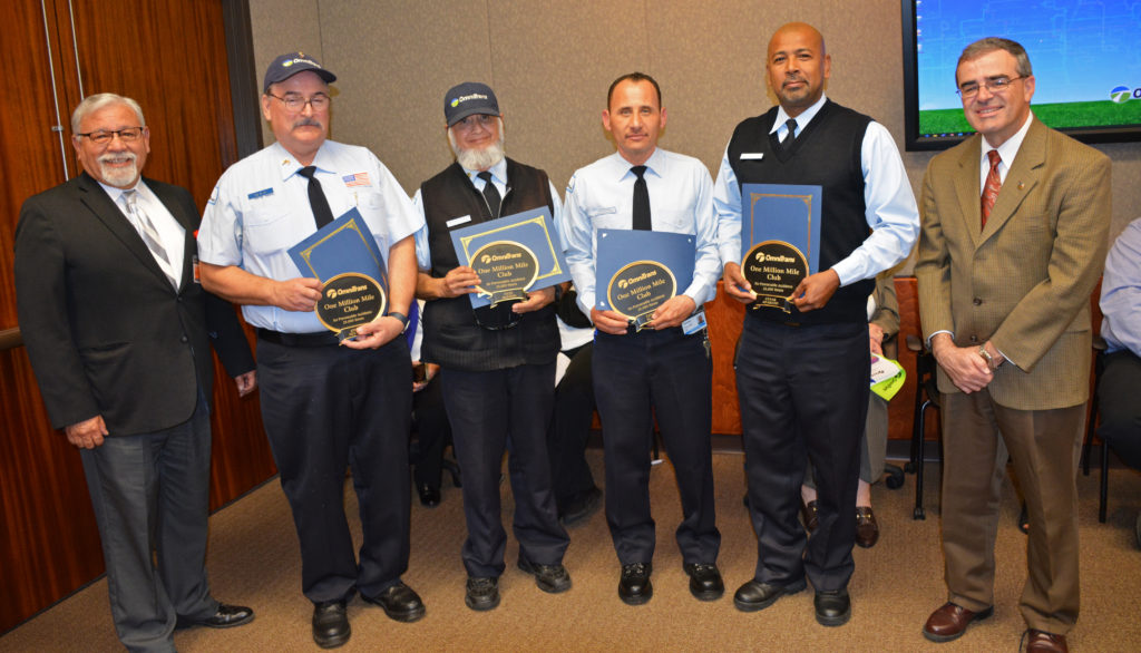 Coach Operators Joseph Sozanski, Cesar Aparicio, Edwin Alaniz, and Pete Aleman (center) were recognized by the Omnitrans Board of Directors, including Chair David Avila (left) and Vice Chair John Dutrey (right).